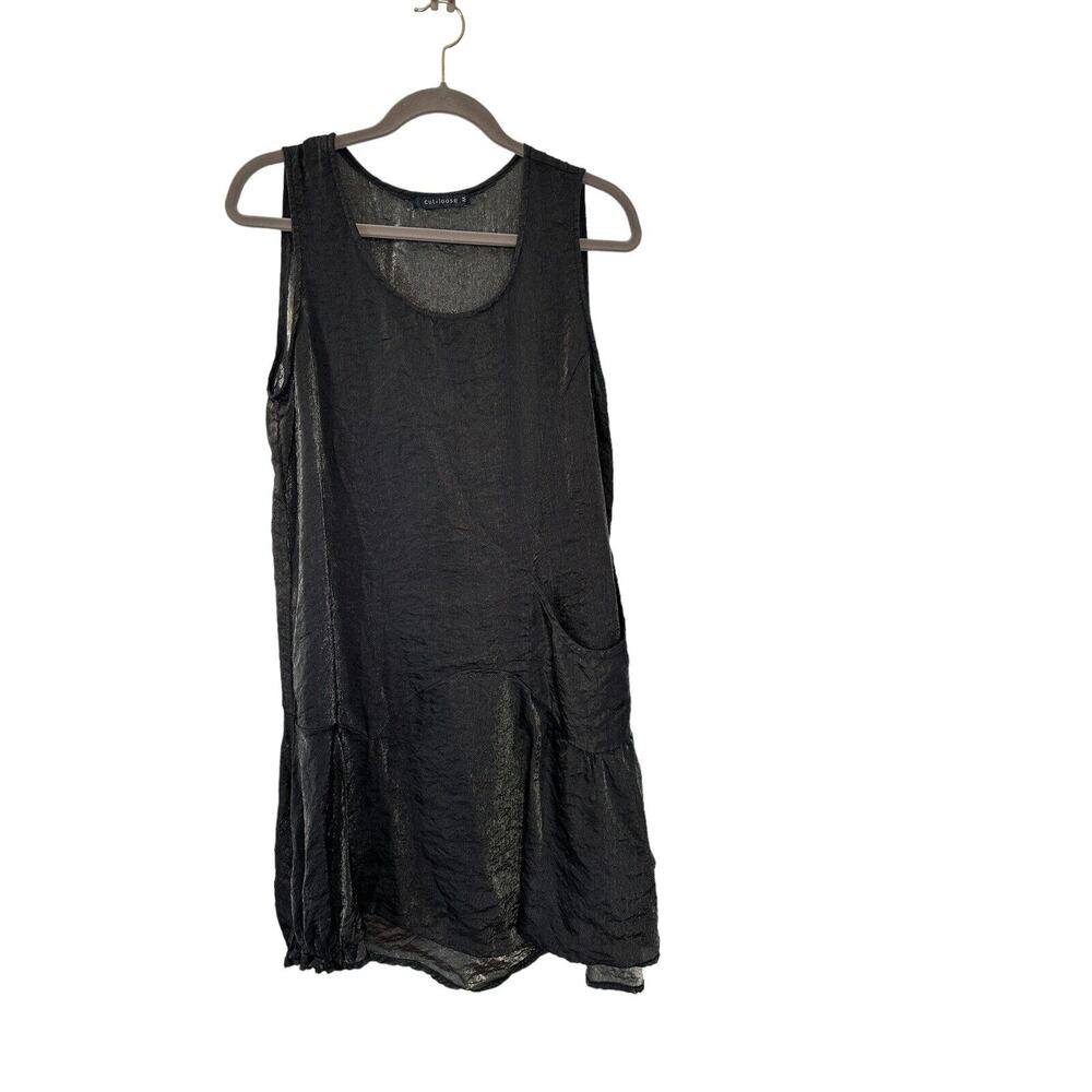 Cutloose Medium Sleeveless Lagenlook Slip Shift Dress Black Gold Iridescent wet